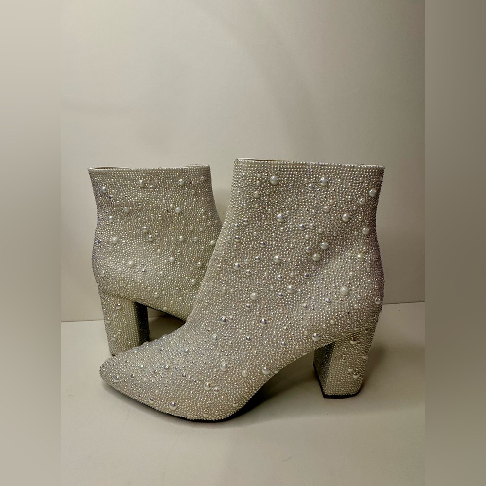 Betsey Johnson Pearl-Embellished Cream Ankle Boots - Picture 2 of 6